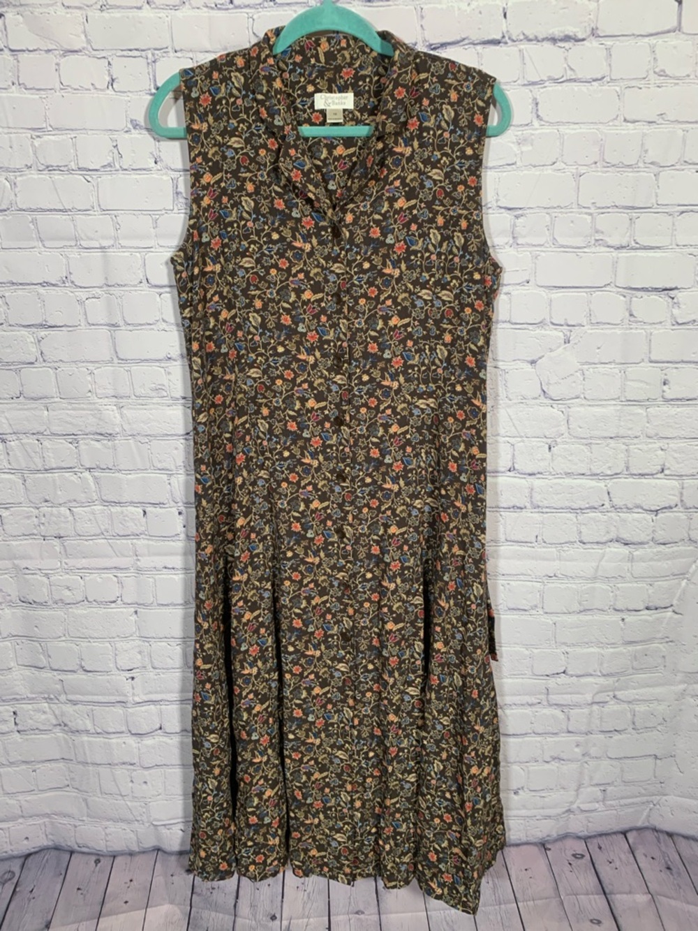Christopher & Bank Womens Sleeveless Floral Dress Brown Sz 12 Button Down Forest
